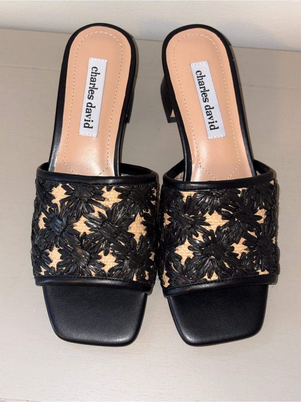 Charles David Black and Natural Floral Woven Slide Mules